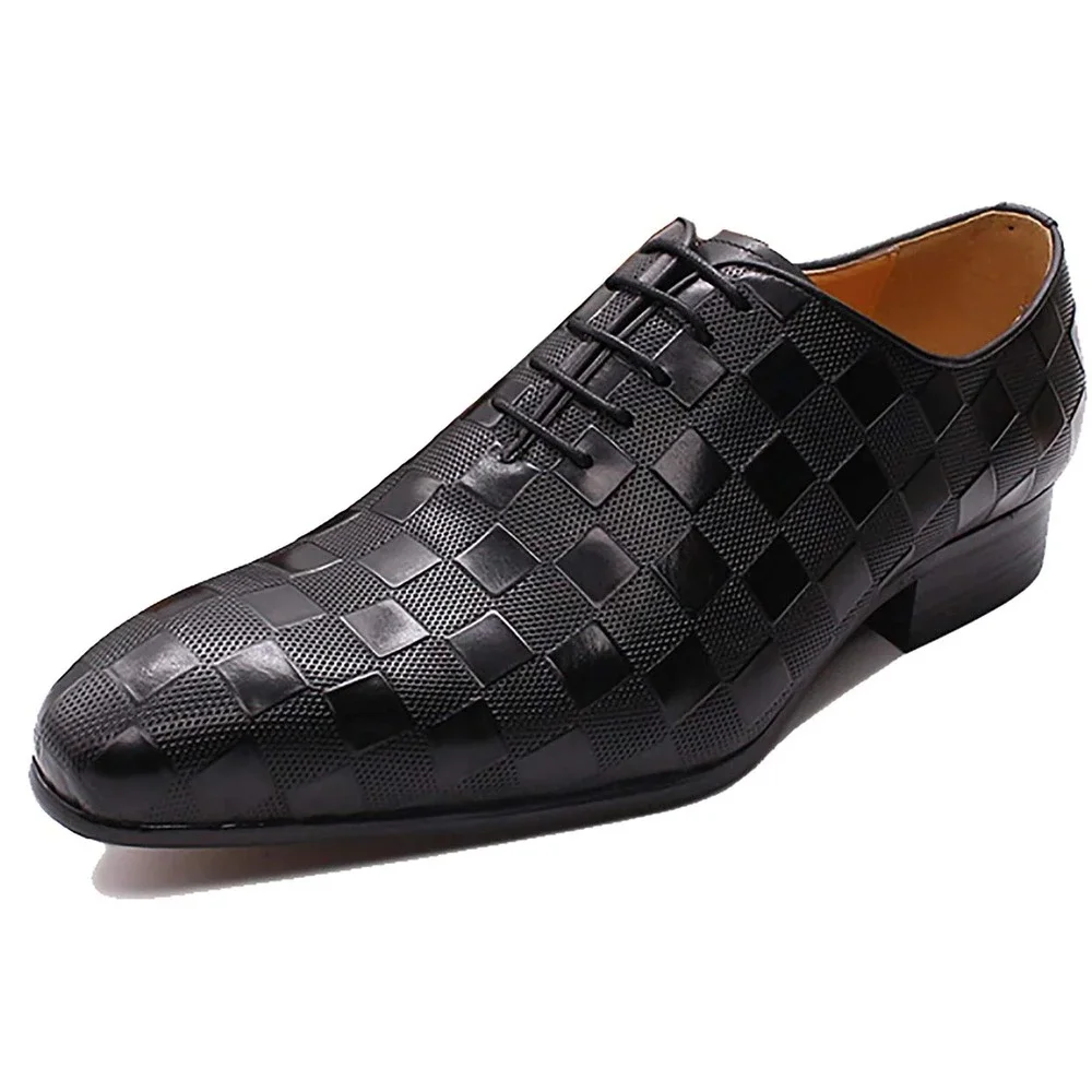 Santimon‎ Men's US 9 Black Leather Plaid Texture Oxfords Lace Up Dress Shoes